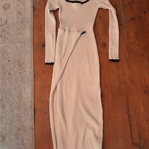 Ribbed Long Sleeve Midi Dress - Cream with Black Trim